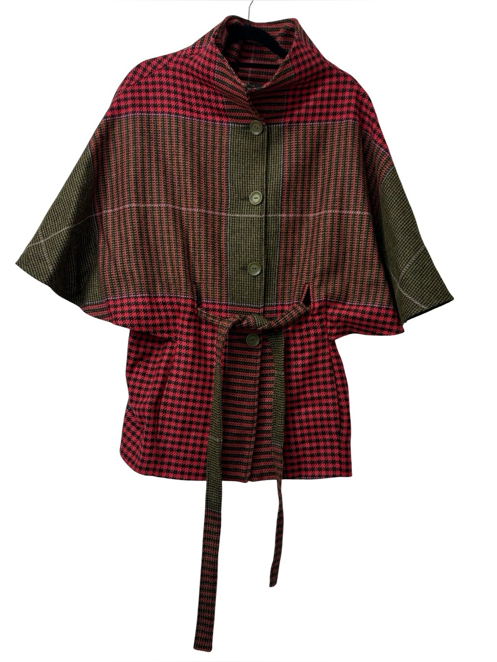 Triona Design Ireland 100% Wool Belted Cloak Jacket Red Plaid Houndstooth XS